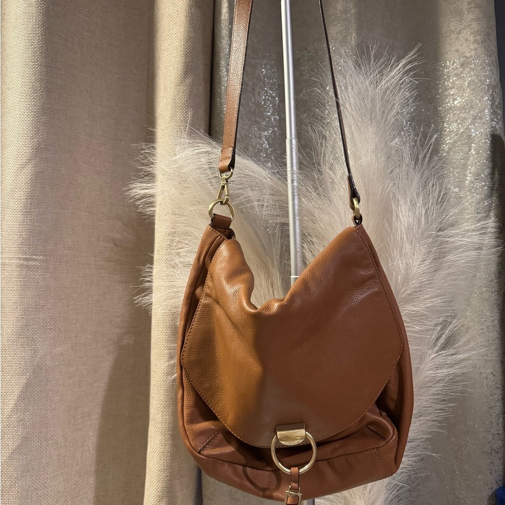 Brown Leather Crescent Shoulder Bag‎ with Gold Accents
